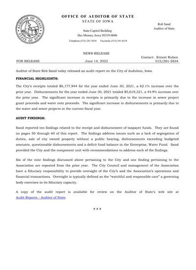 City of Audubon ACFR Cover