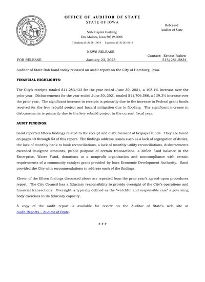 City of Hamburg ACFR Cover