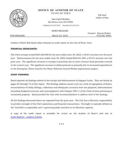 City of Perry ACFR Cover