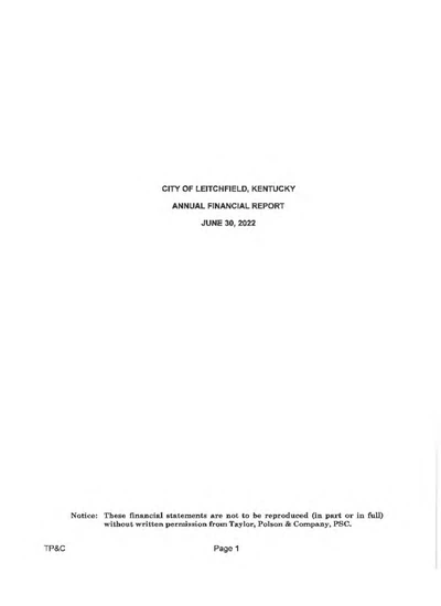 City of Leitchfield, Kentucky ACFR Cover
