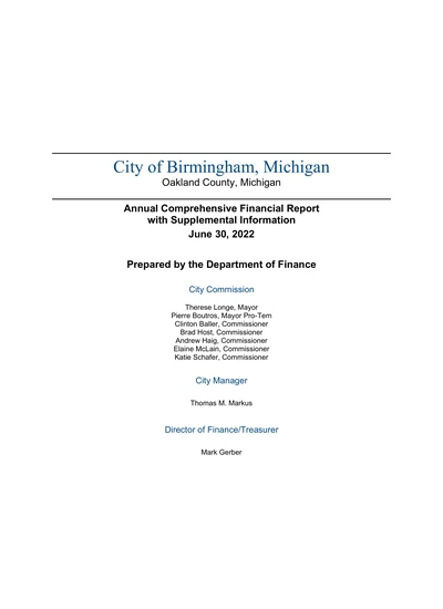 City of Birmingham, Michigan ACFR Cover