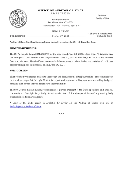 City of Hiawatha ACFR Cover