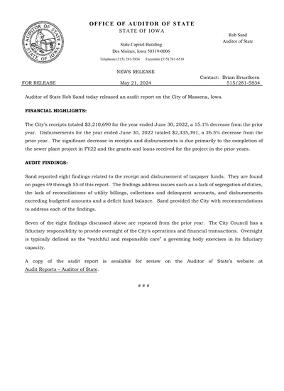 City of Massena ACFR Cover