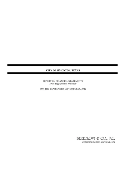 City of Simonton, Texas ACFR Cover