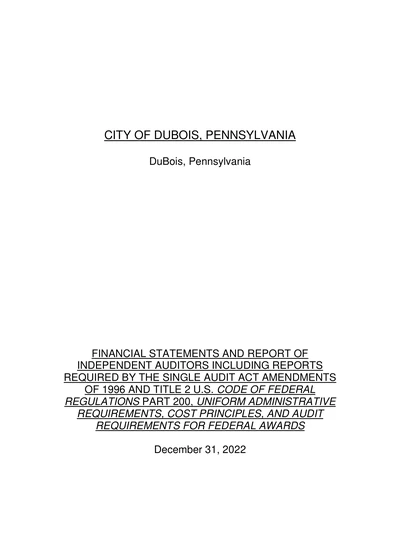 City of Dubois, Pennsylvania ACFR Cover