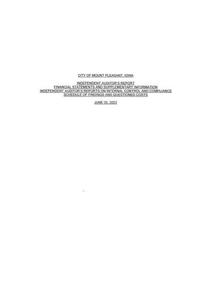 City of Mount Pleasant, Iowa ACFR Cover