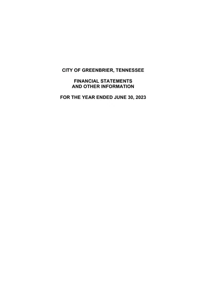 City of Greenbrier, Tennessee ACFR Cover