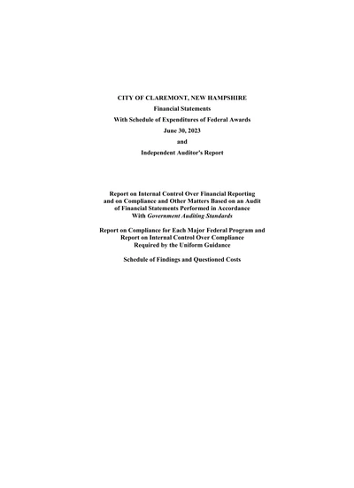 City of Claremont, New Hampshire ACFR Cover