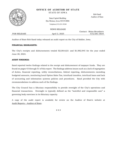 City of Soldier ACFR Cover