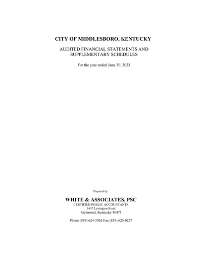 City of Middlesboro, Kentucky ACFR Cover