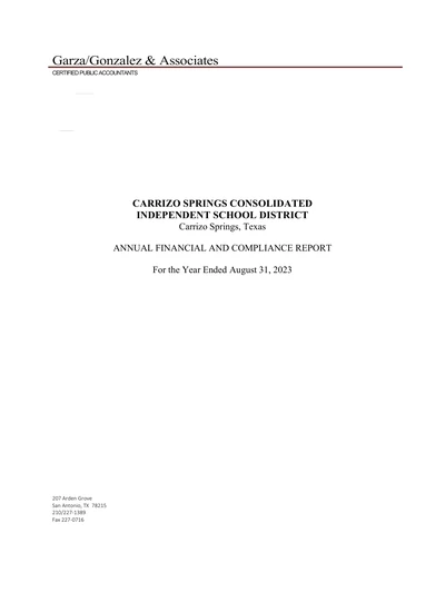 Carrizo Springs Consolidated Independent School District ACFR Cover