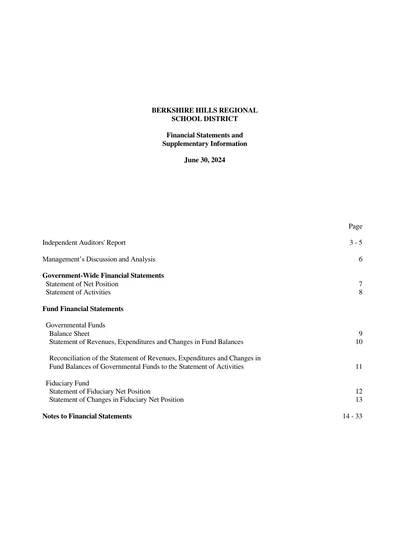 Berkshire Hills Regional School District ACFR Cover