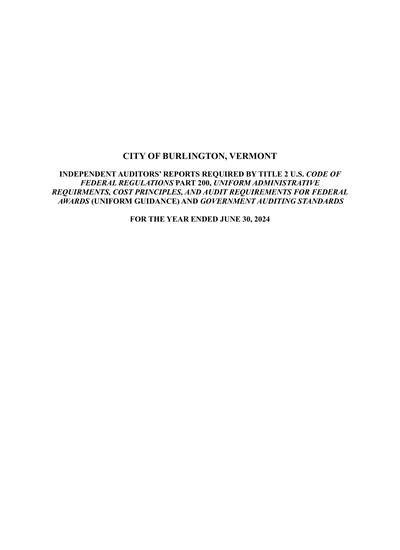 City of Burlington, Vermont ACFR Cover